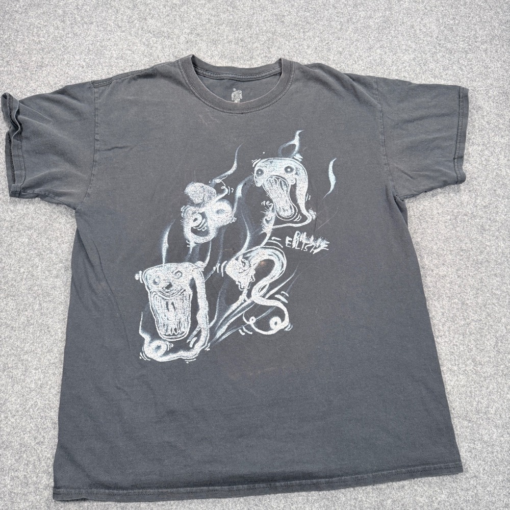 Billie Eilish Graphic T-Shirt Charcoal Black Distorted Creature Art M Distressed